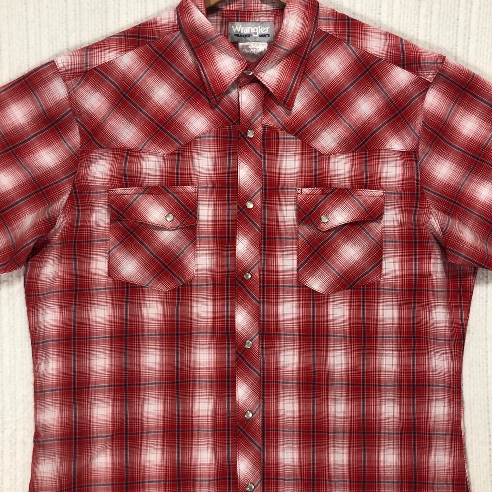Wrangler Wrancher Mens Red Plaid Short Sleeve Western Pearl Snap Shirt‎ Large